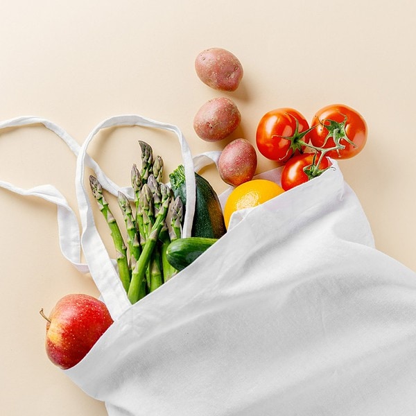 Recycled shopping bag filled with fresh vegetables